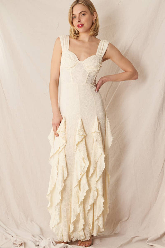 Ivory Bohemian Maxi Dress with Ruffles and Sweetheart Corset