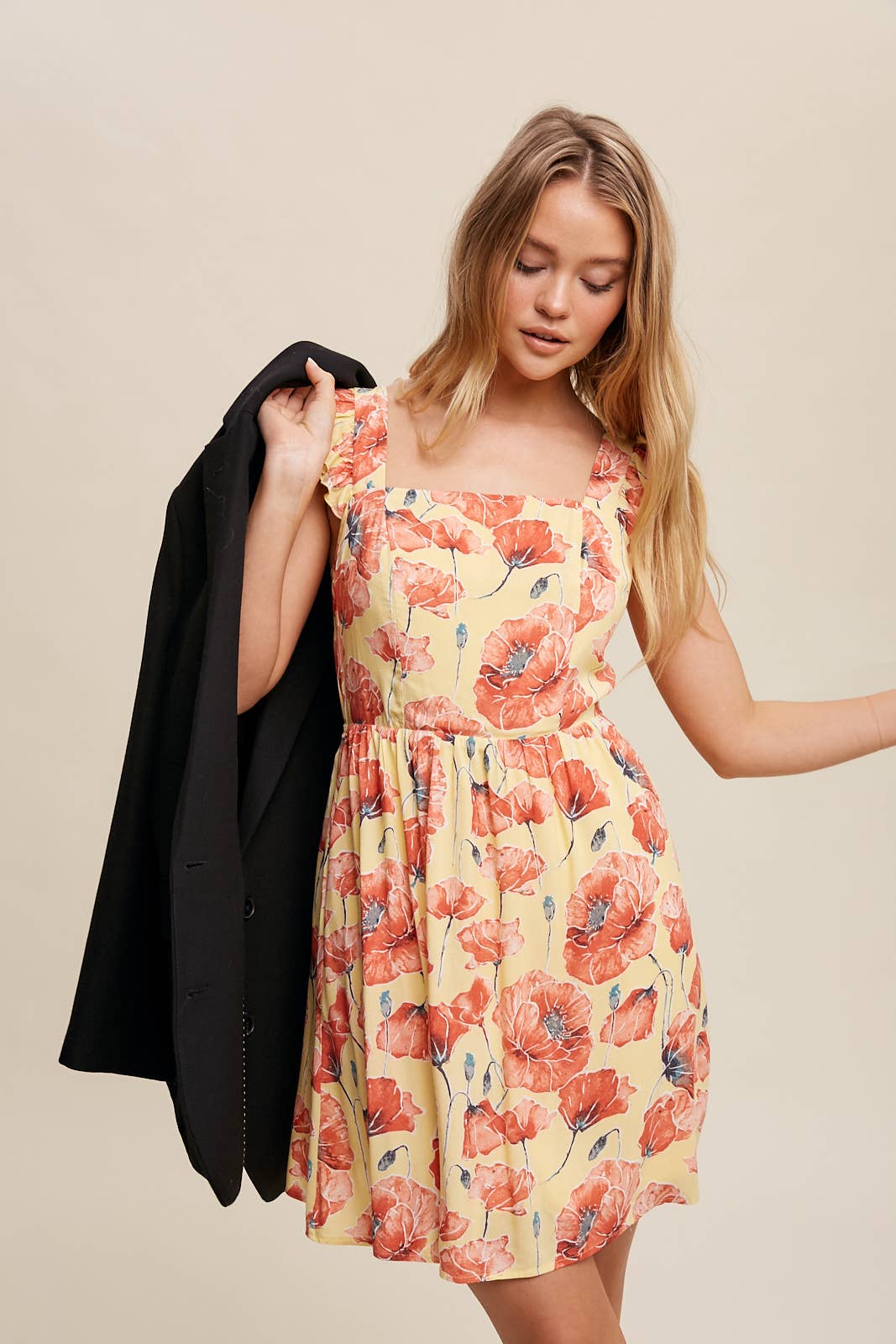 Poppy Floral Ruffle Strap Tie-Back Mini Dress