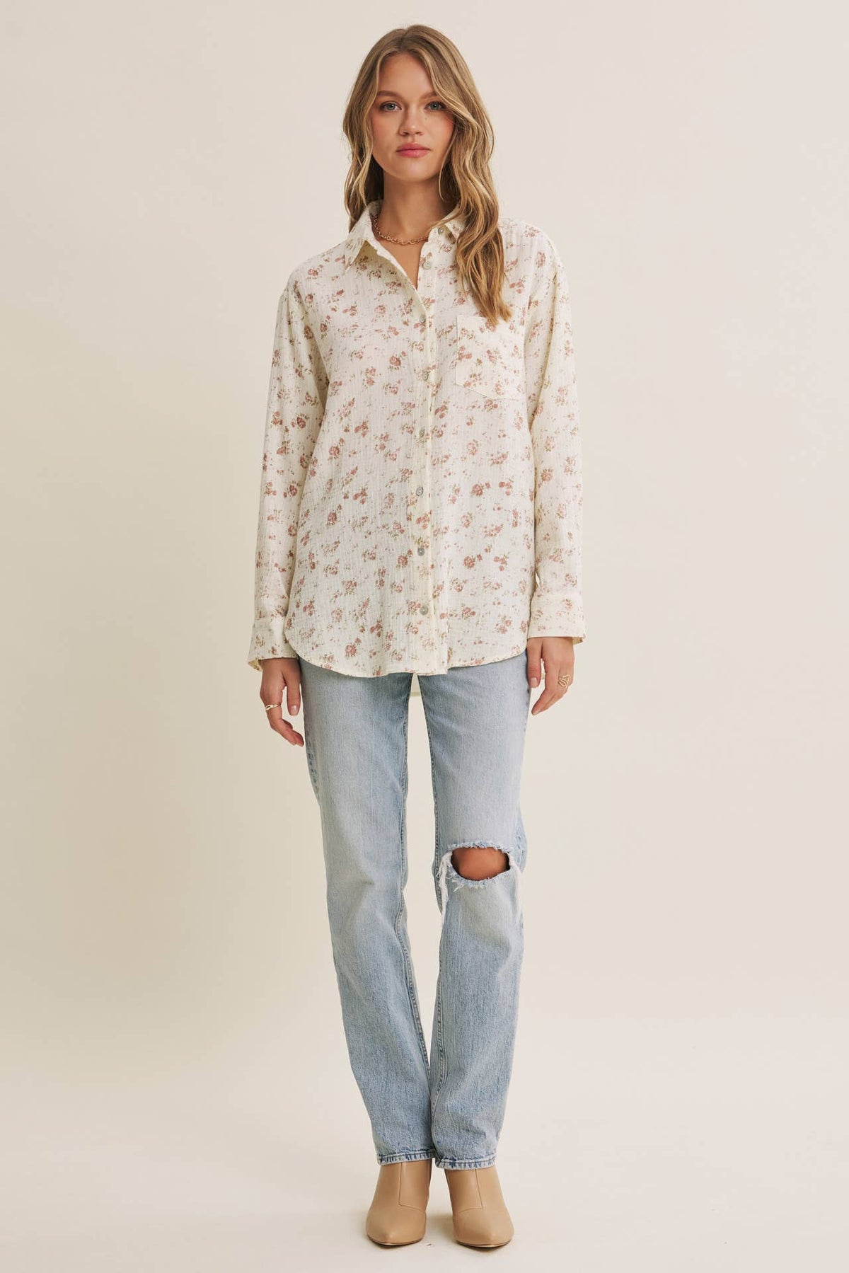 Soft Floral Cotton Relaxed Fit Button Down Shirt