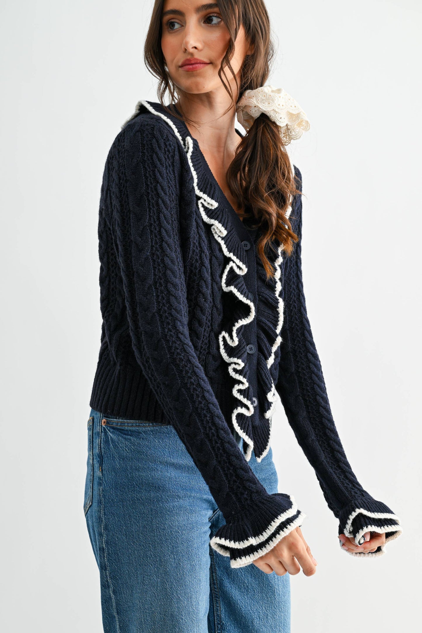 Cool Blue Ruffled Cable Knit Cardigan