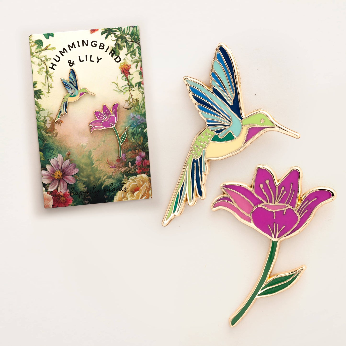 Hummingbird & Pink Lily Flower Gift Pin Set