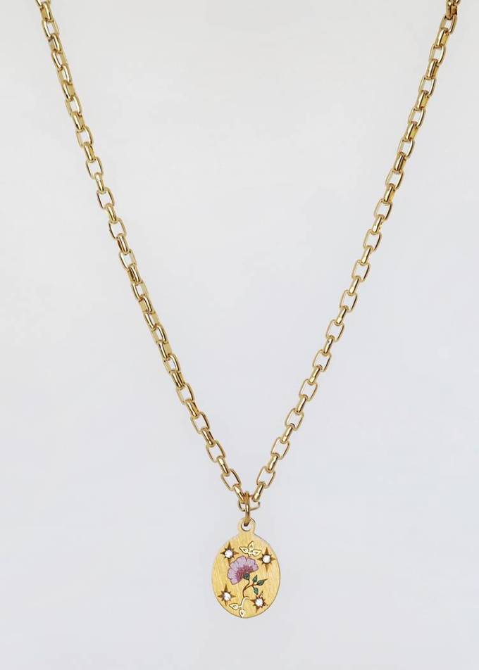 Poppy Painted Enamel Talisman Necklace - Engraved - Steel 14K