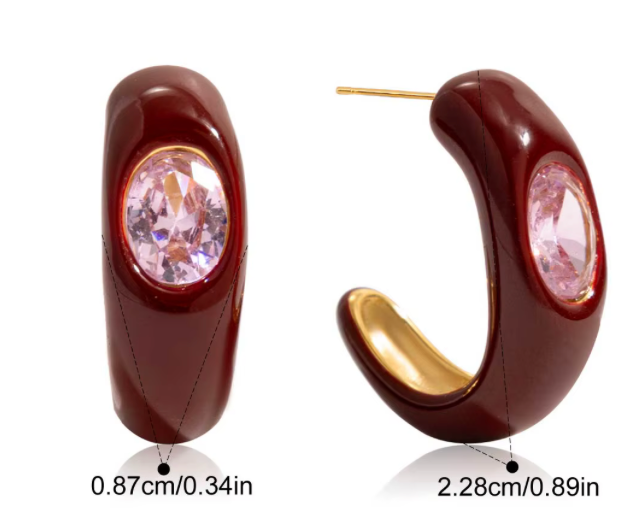 Oxblood Enamel Statement Earrings with Pink Faucet Cut Stone - 14K Gold PVD & Waterproof