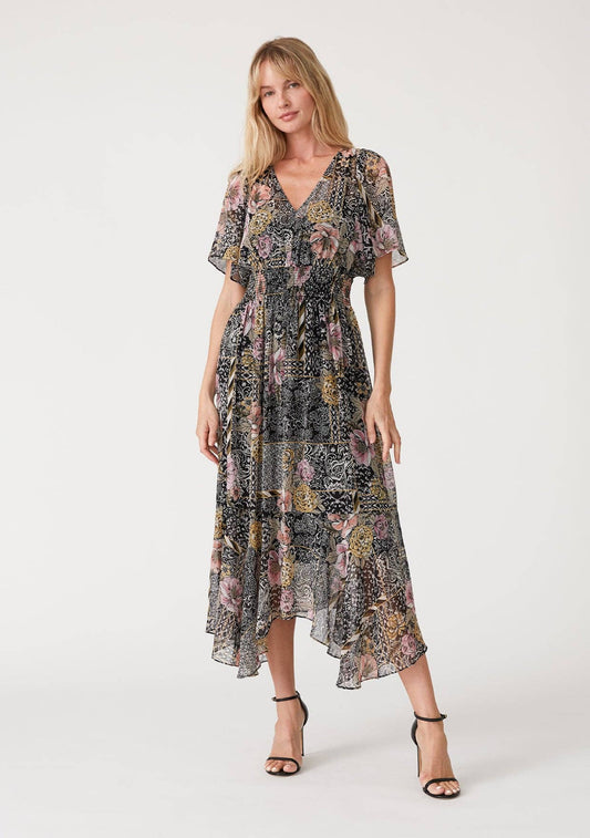 Flowy Asymmetrical V Neck Smocked Maxi Dress