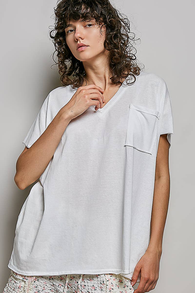 Boho Hand Dip Dye V-Neck T-shirt with Short Sleeves and Front Pocket