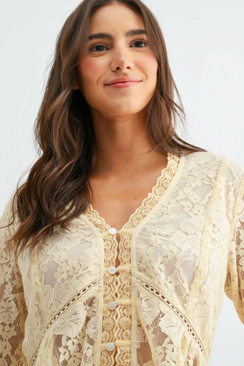 Romantic Lace Button-Down Blouse with Flared Bell Sleeves