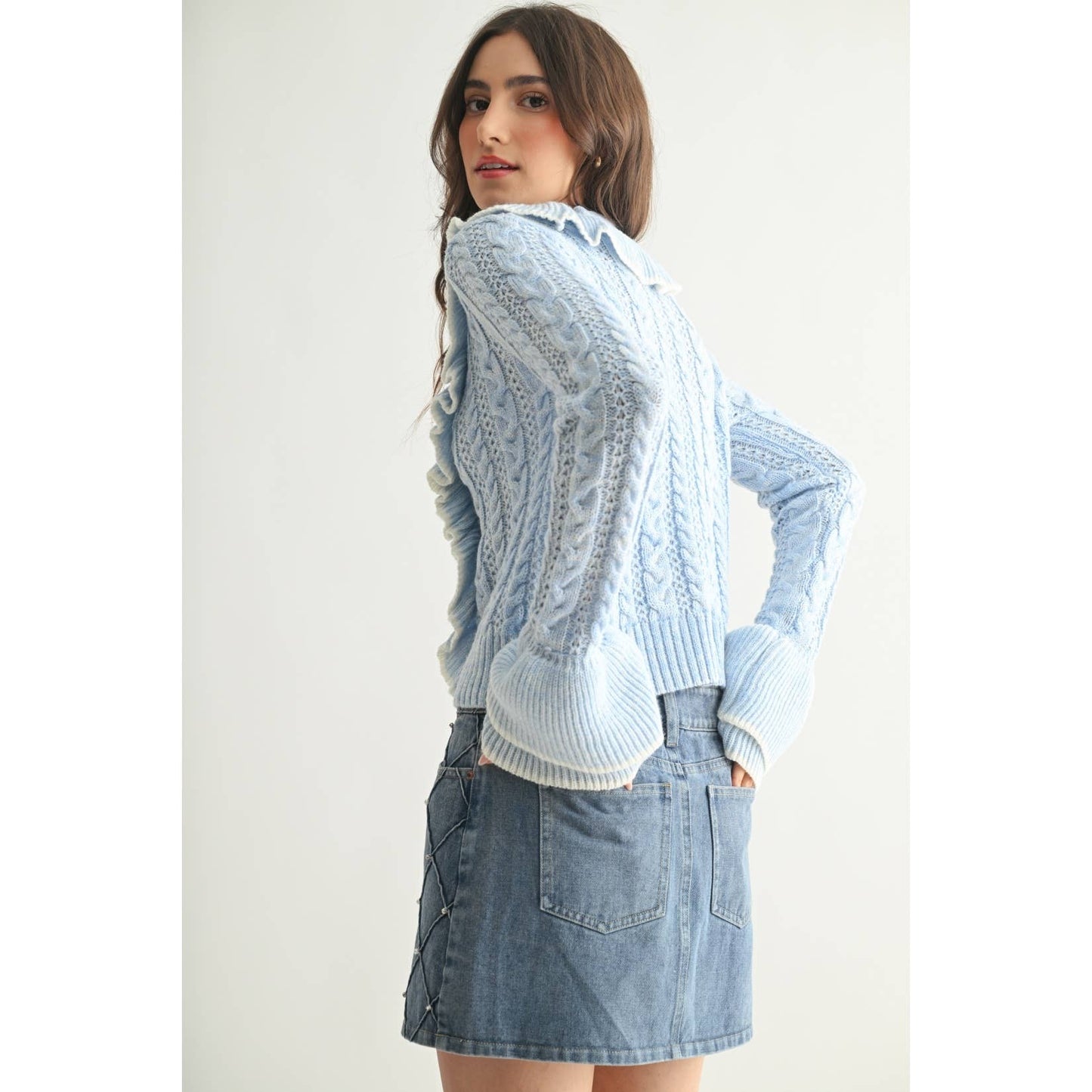 Cool Blue Ruffled Cable Knit Cardigan