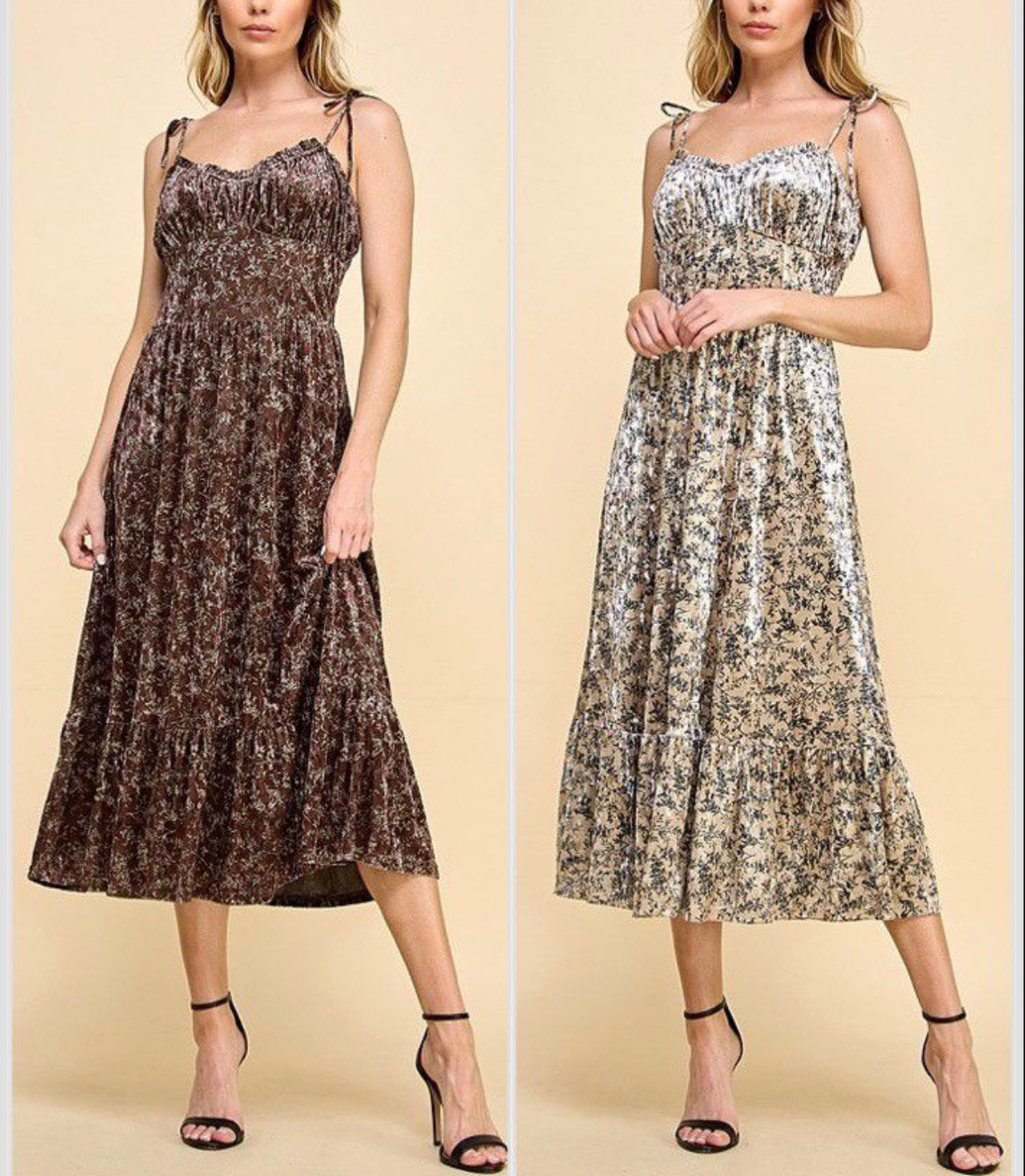 Velvet Floral Midi Dress with Bow tie Straps