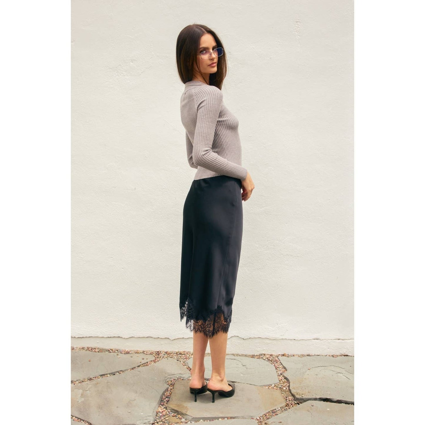 Powder Blue Lined Satin Pencil Skirt with Lace Hem