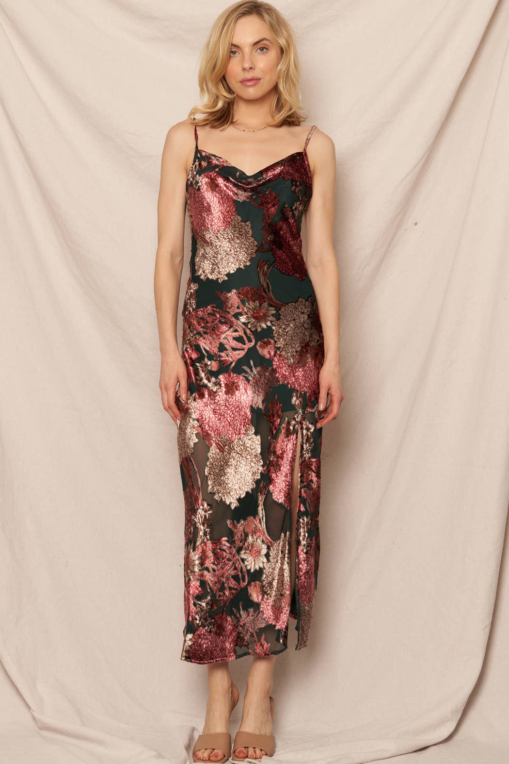 Dark Green Cowl Neck Floral Print Midi Dress