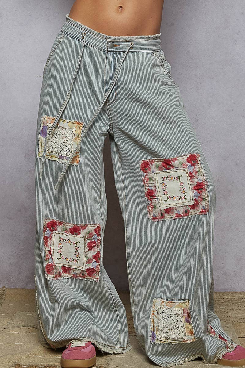 Boho Vintage Wash Striped Denim Pants