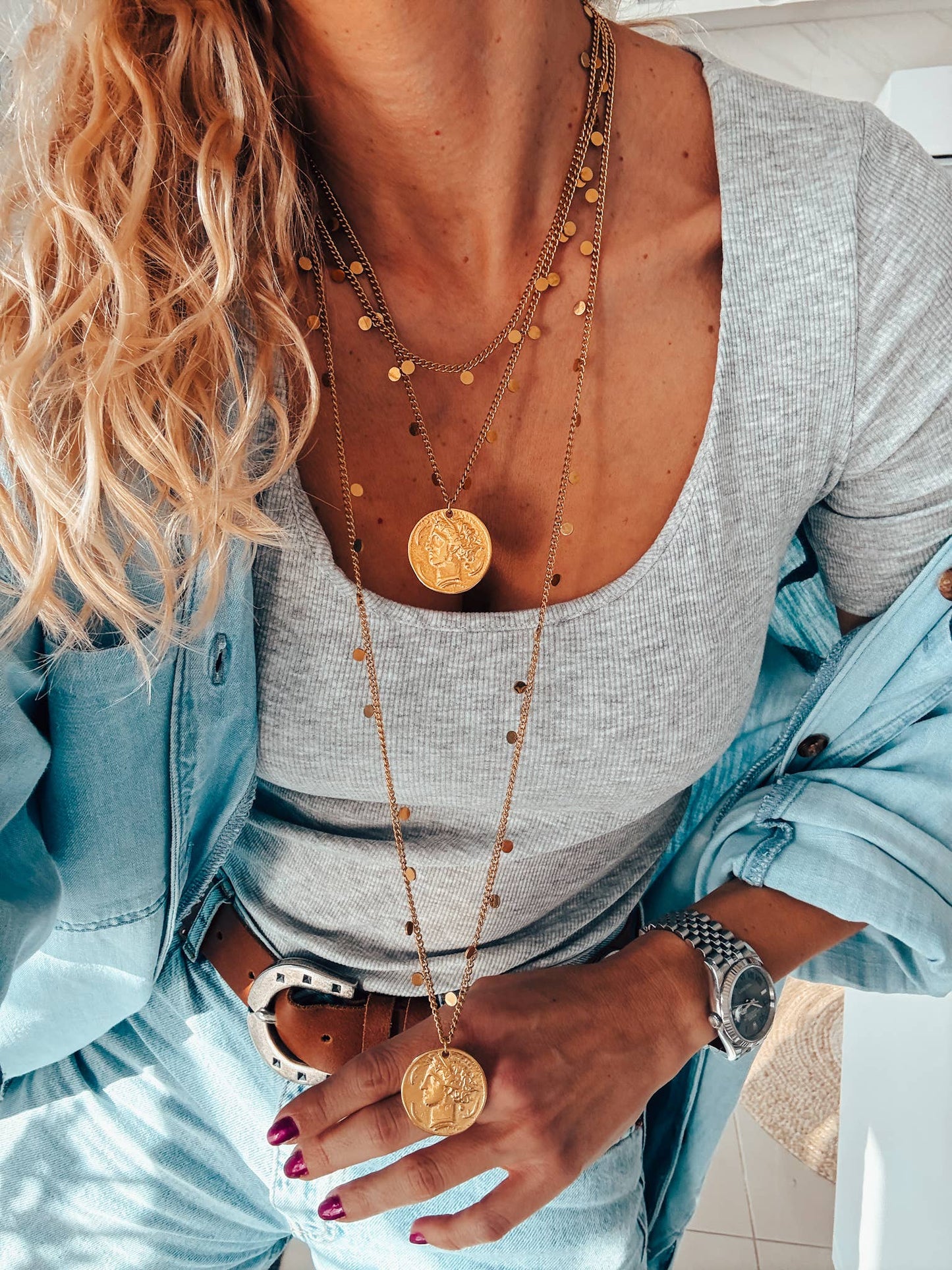 Gold Layer Chain Necklace with Large Ancient Coin