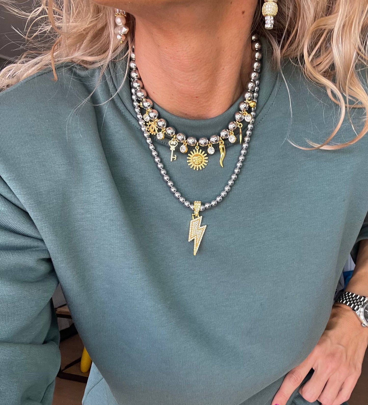 Stunning Grecian Silver and Gold Charm Necklace