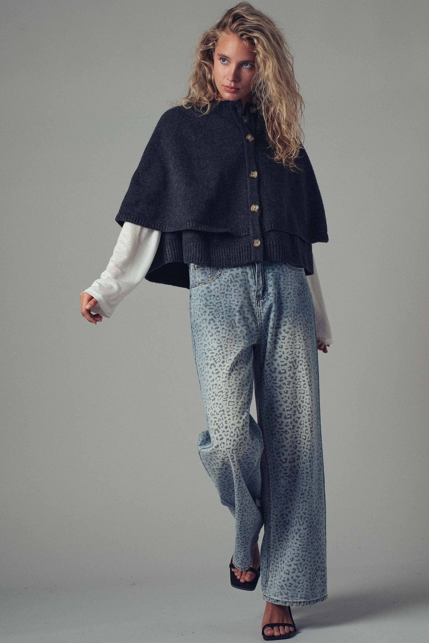 Wool Blend Button-Front Sweater Cape