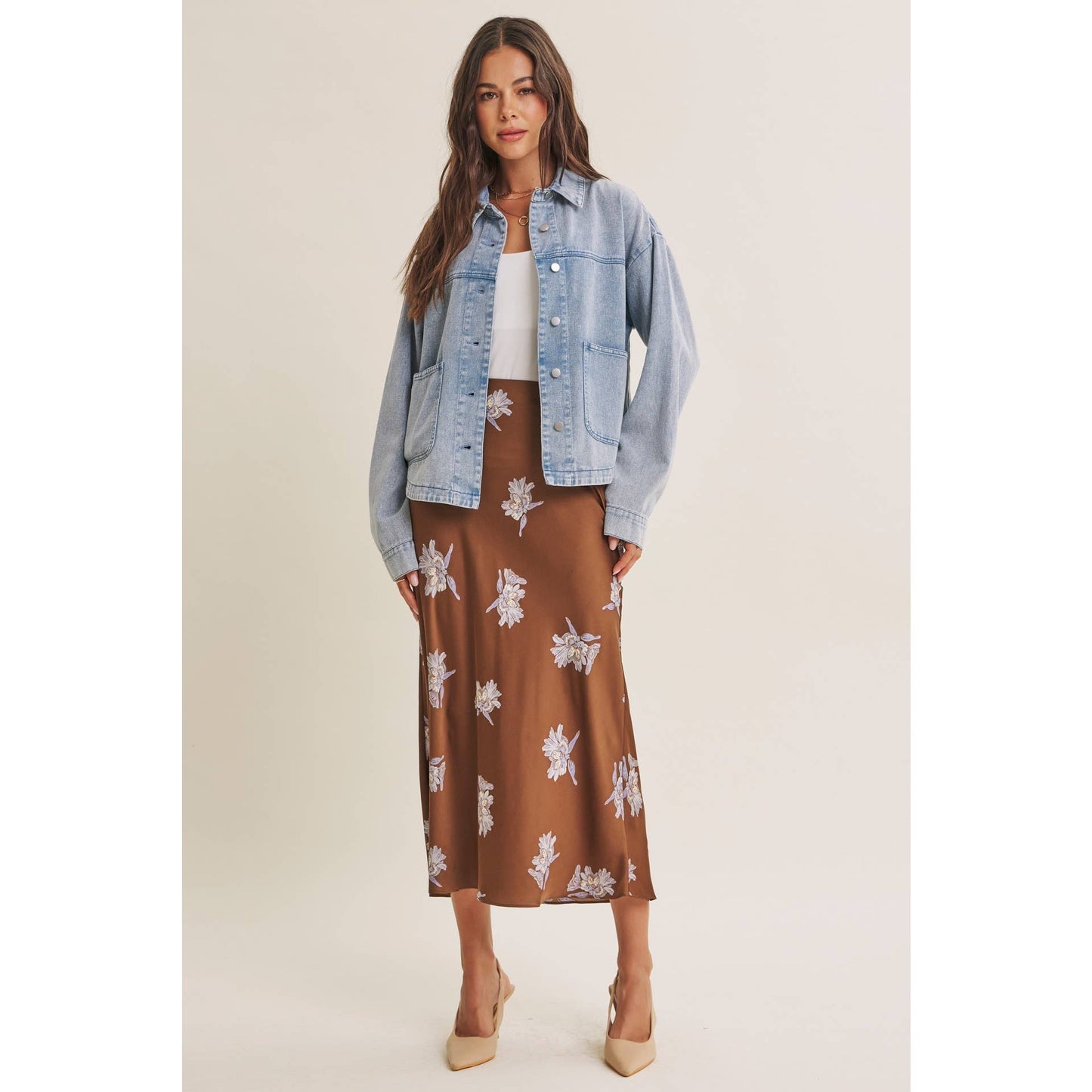 Date Night Satin Floral Midi Skirt