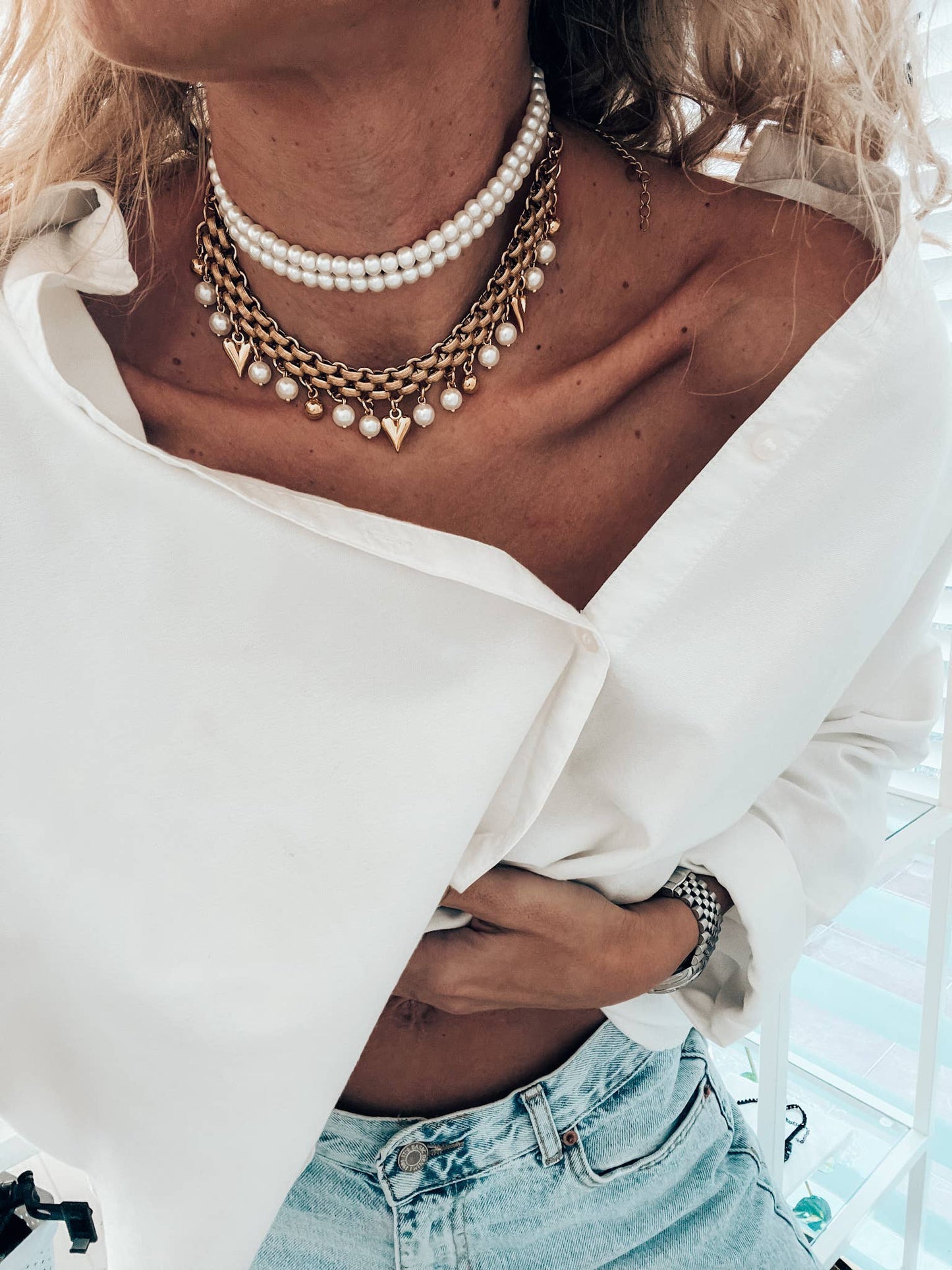 White Pearls Double Chocker and Gold Chain Vintage Inspired Necklace