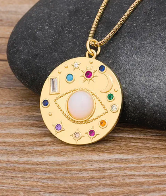 Celestial Gypsy Coin Necklace with Third Eye Amulet Charm and Stones - Stacking hypoallergenic steel necklace