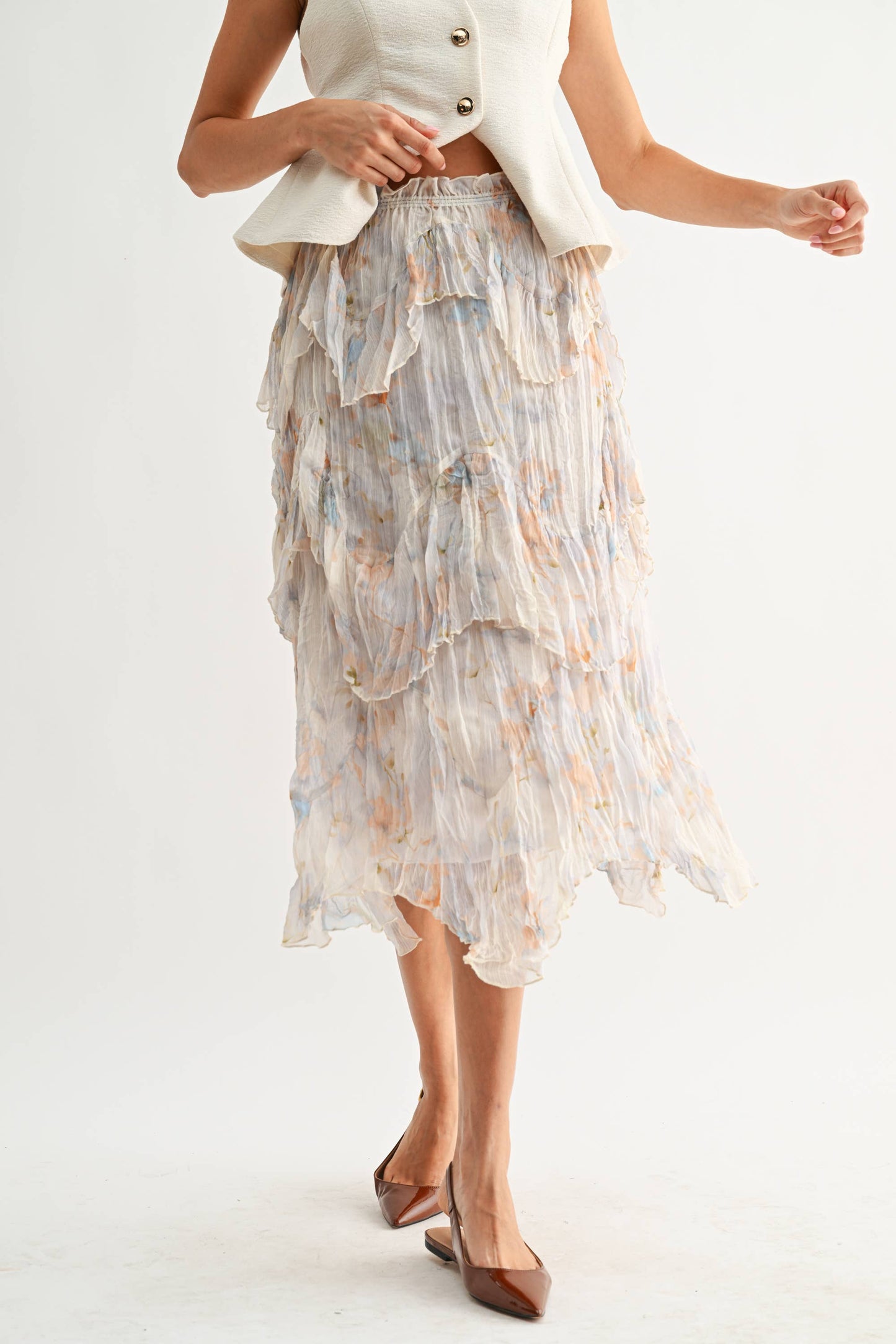Layered Midi Skirt with Pastel Floral Print