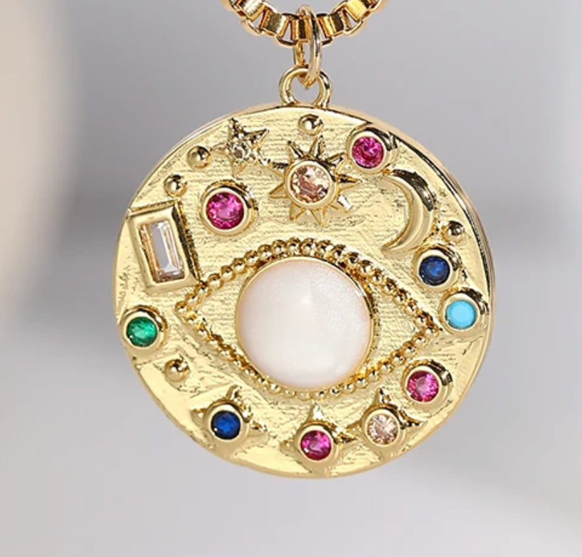 Celestial Gypsy Coin Necklace with Third Eye Amulet Charm and Stones - Stacking hypoallergenic steel necklace