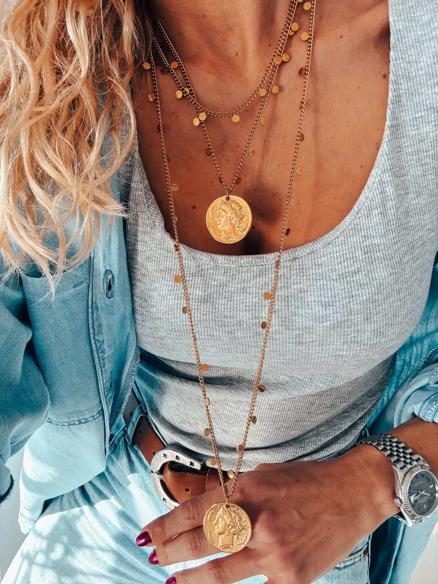 Gold Layer Chain Necklace with Large Ancient Coin
