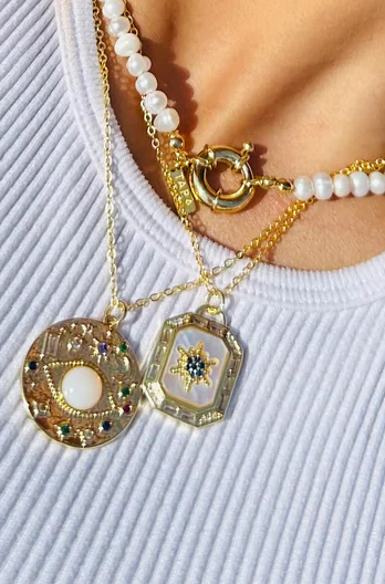 Celestial Gypsy Coin Necklace with Third Eye Amulet Charm and Stones - Stacking hypoallergenic steel necklace