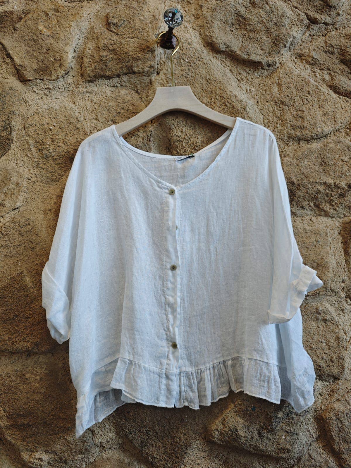 Ruffle 3/4 Sleeve Italian Linen Blouse