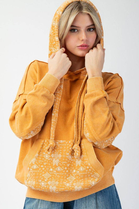 Mineral Wash Terry Cloth Hoodie with Thick Drawstrings & Paisley Print - SAUVAGE ZSA™