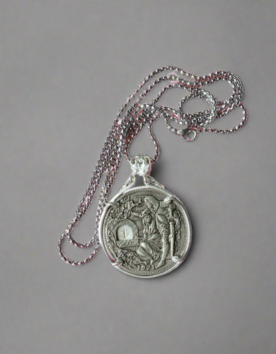 1921 Holy Grail Coin Necklace with Moveable Mechanism and Sword
