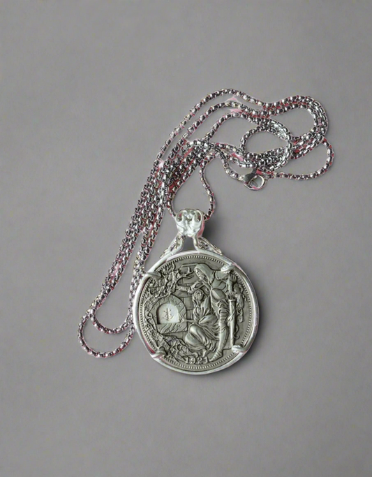 1921 Holy Grail Coin Necklace with Moveable Mechanism and Sword