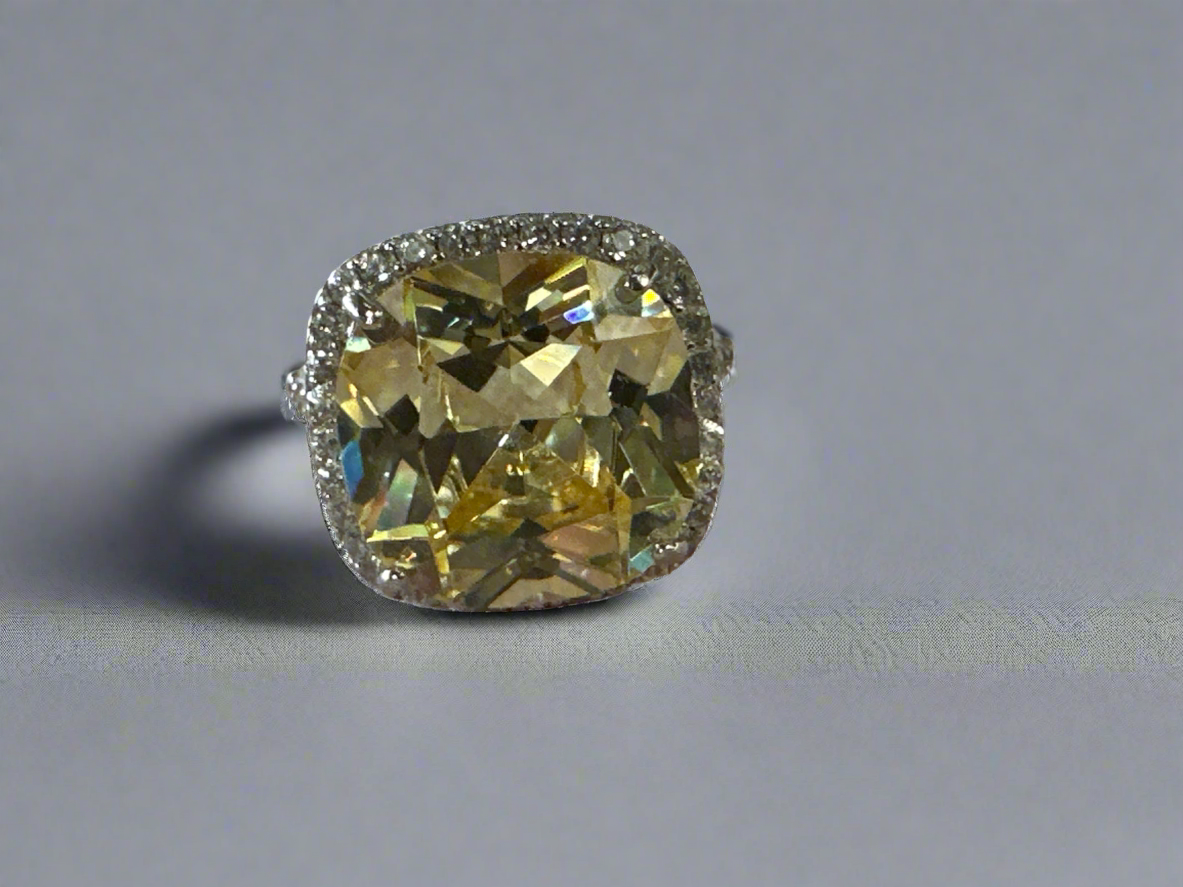 Cushion Cut Yellow Crystal Sterling Silver Ring Size 6