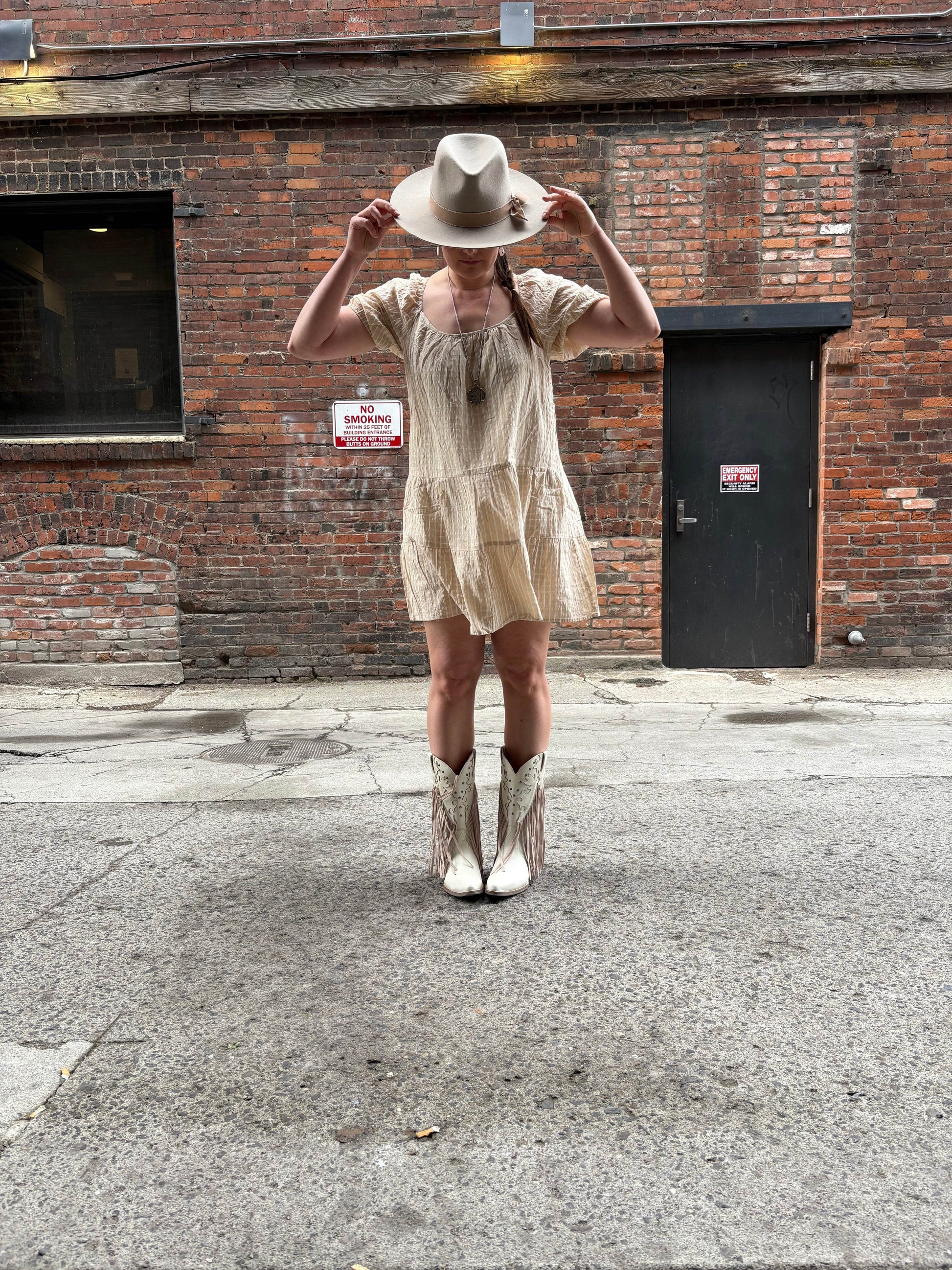 Natural Beige Gingham Mini Dress with Open Tie Back - SAUVAGE ZSA™