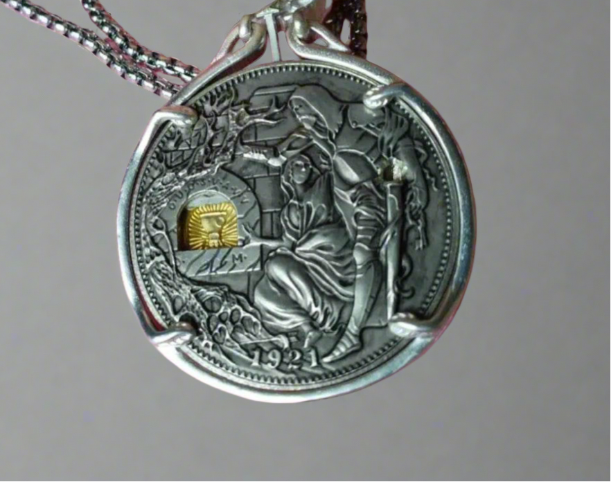 1921 Holy Grail Coin Necklace with Moveable Mechanism and Sword
