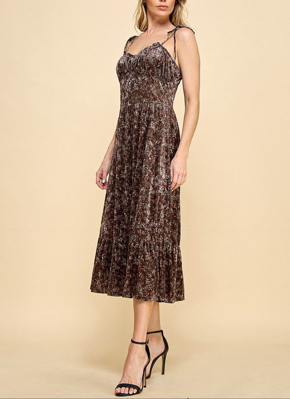 Velvet Floral Midi Dress with Bow tie Straps