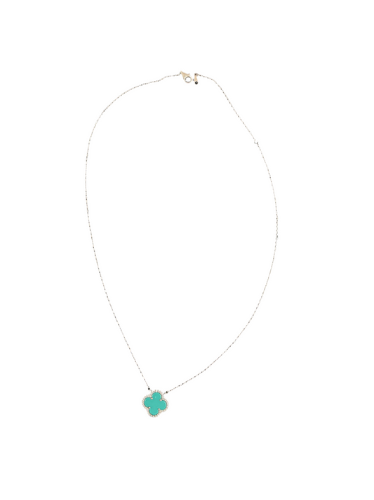 Sterling Silver Necklace with Genuine Turqoise Stone & Crystal Clover