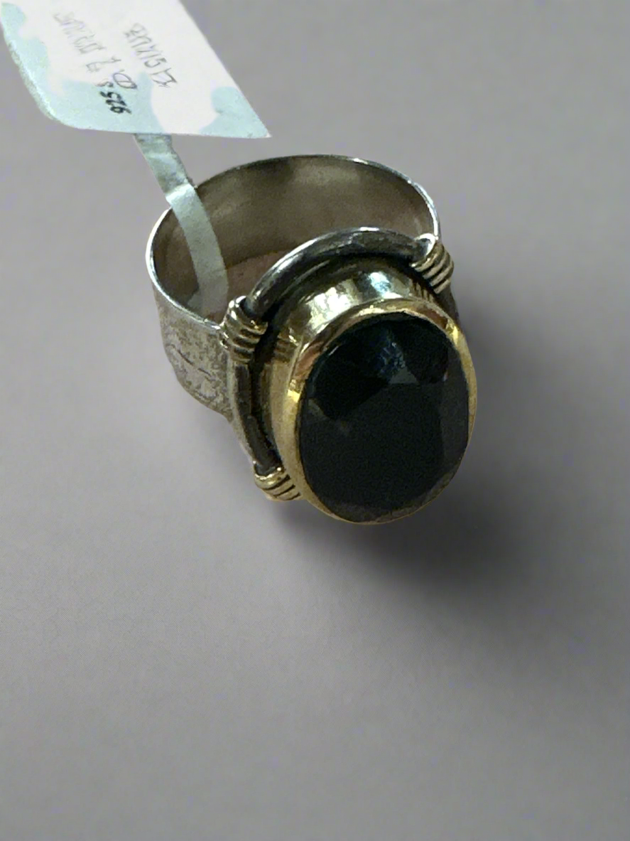 Polished Black Onyx Sterling Silver & Brass Ring Size 7