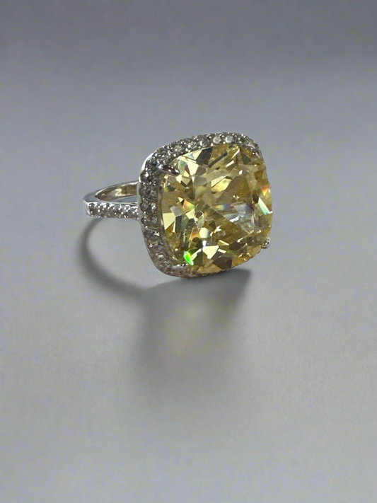 Cushion Cut Yellow Crystal Sterling Silver Ring Size 6