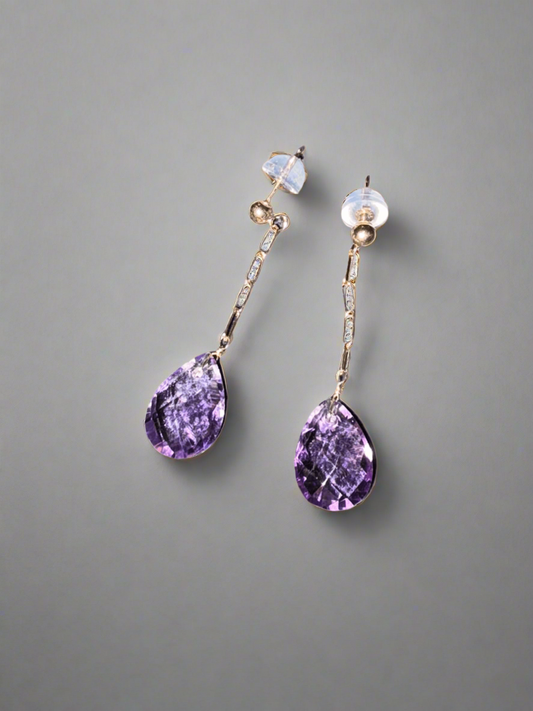 14K Gold Dangle Stud Earrings with Amethyst Gemstones