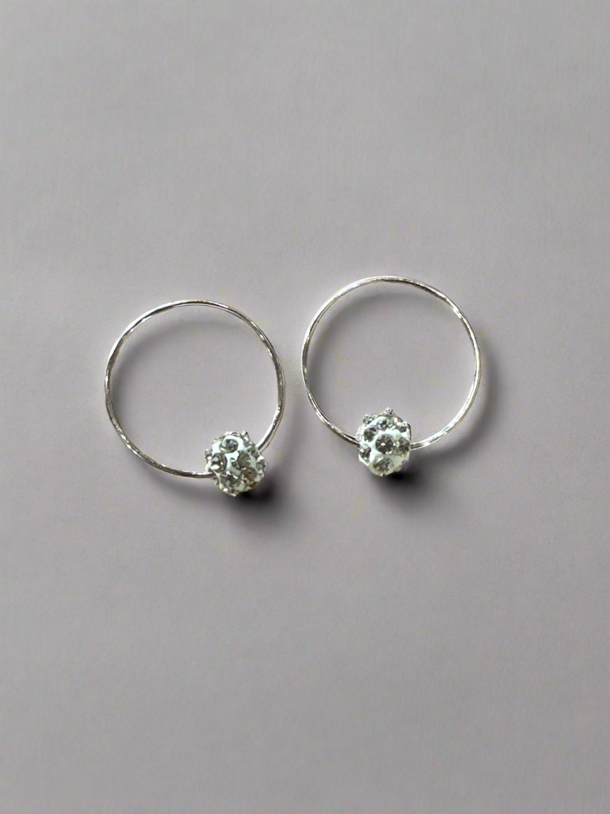 14K White Gold Hoop Earrings with Crystal Balls