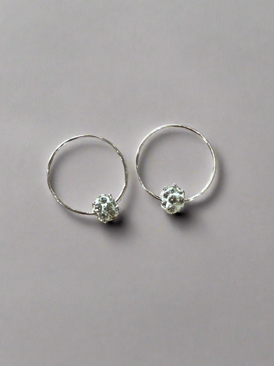 14K White Gold Hoop Earrings with Crystal Balls