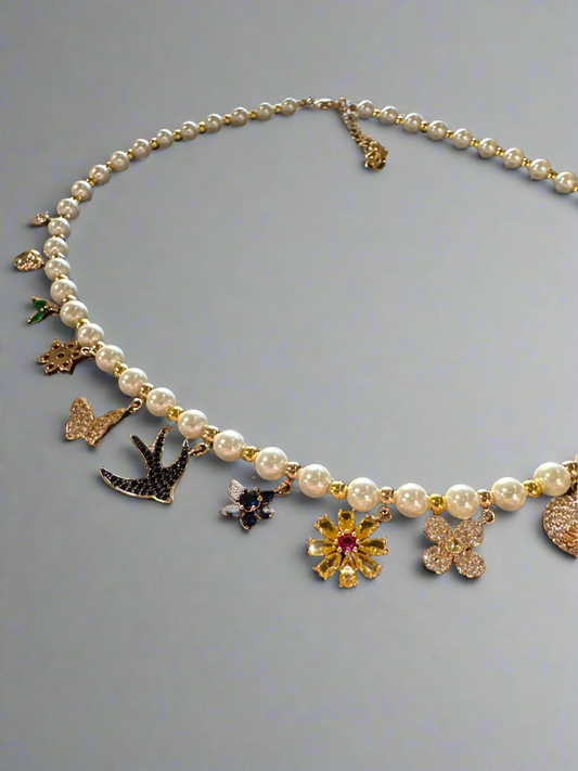 Crystal Pearl Charm Necklace