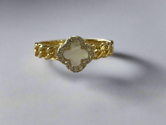 Woven Gold Plated Sterling Silver Ring with Mother of Pearl and Crystal Clover Size 6.5