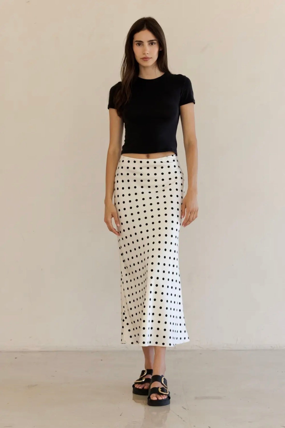 Ivory Polka Dot Bias Cut Satin Midi Skirt