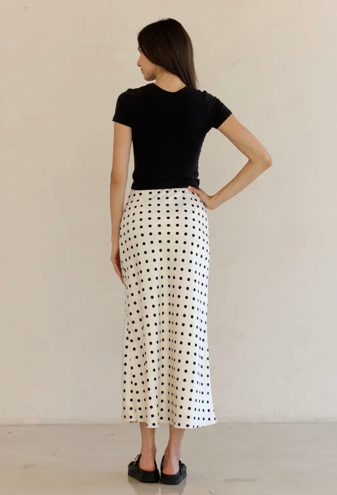 Ivory Polka Dot Bias Cut Satin Midi Skirt