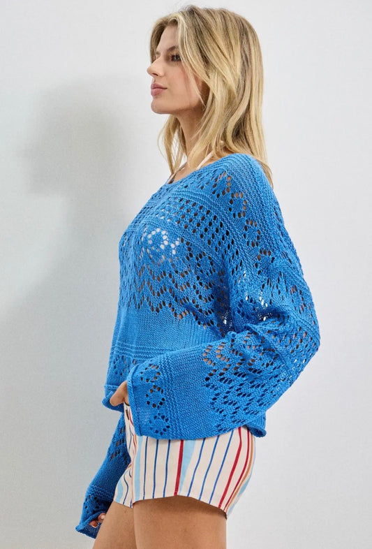 Cobalt Blue Open Stitch Flare Sleeve Knit Sweater