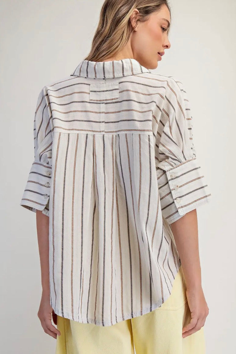 Seaside Cotton Blouse with Stripes & 3/4 Sleeves