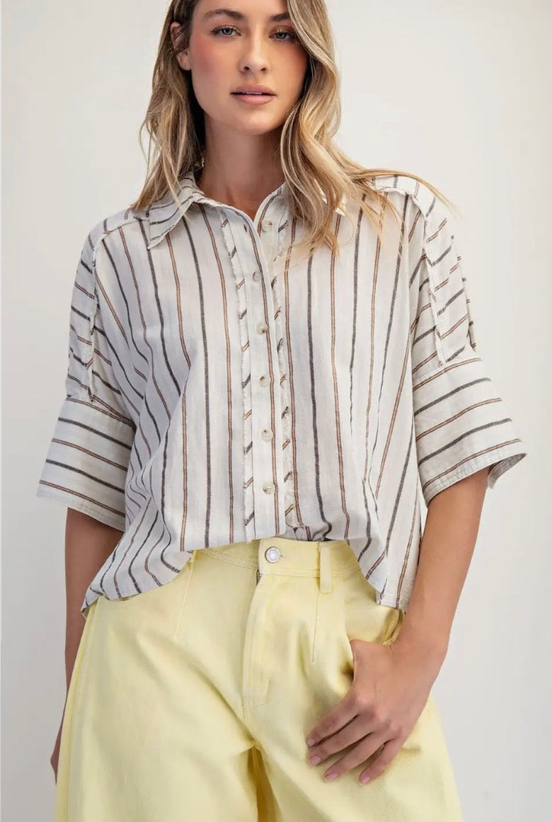 Seaside Cotton Blouse with Stripes & 3/4 Sleeves