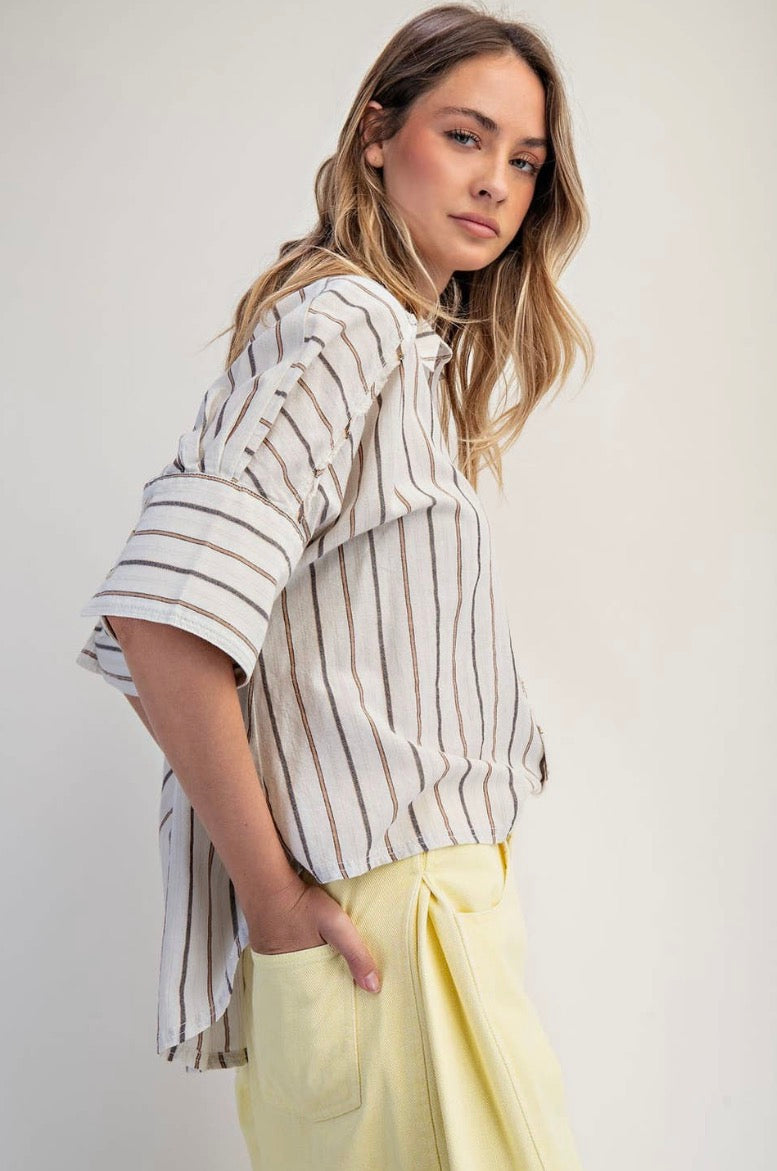 Seaside Cotton Blouse with Stripes & 3/4 Sleeves