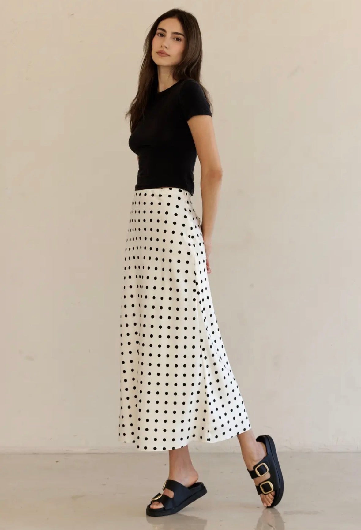 Ivory Polka Dot Bias Cut Satin Midi Skirt