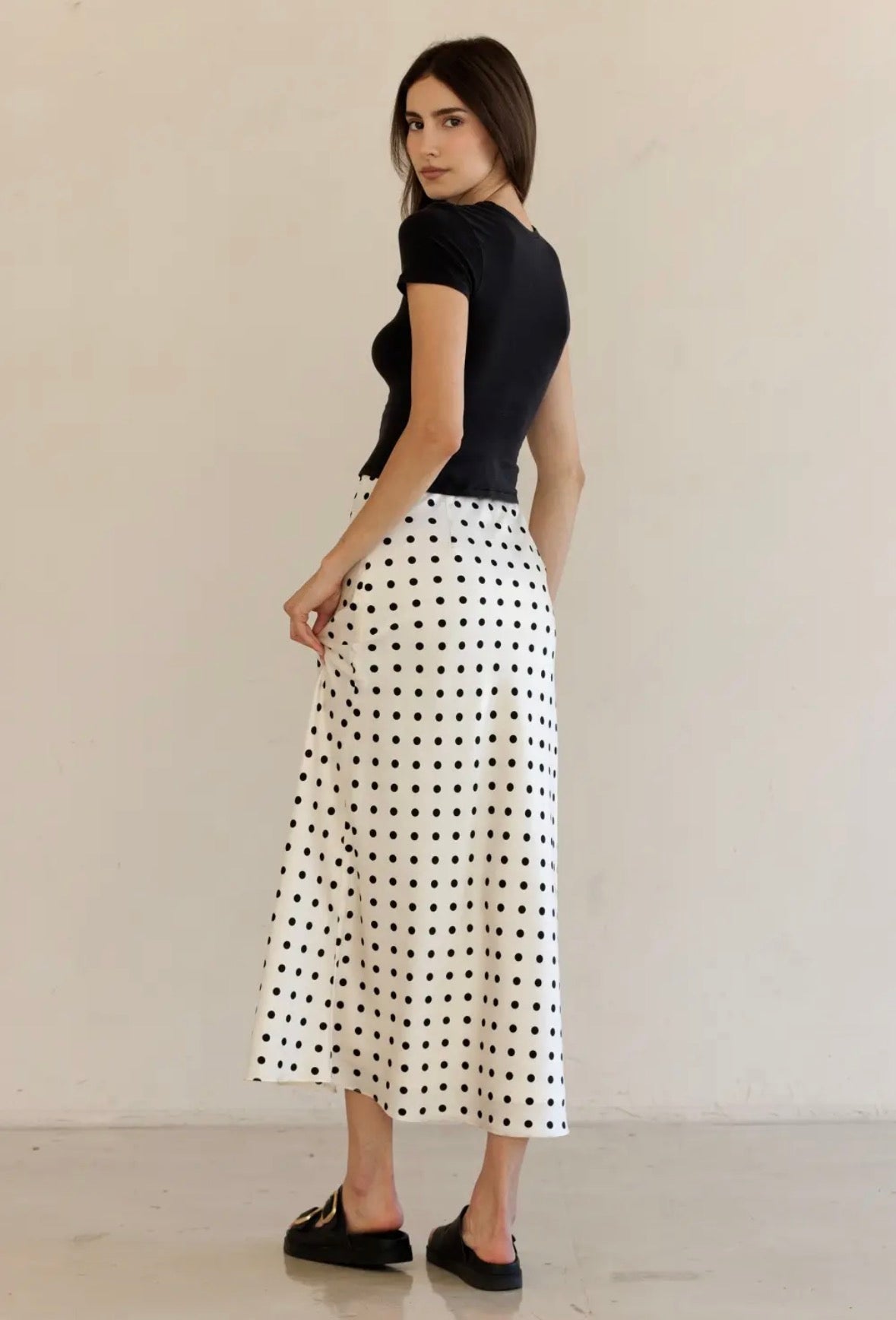 Ivory Polka Dot Bias Cut Satin Midi Skirt