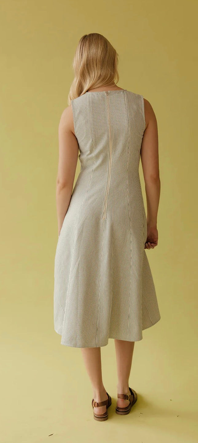 Sleeveless Pin Stripe Tailored Denim Midi Dress